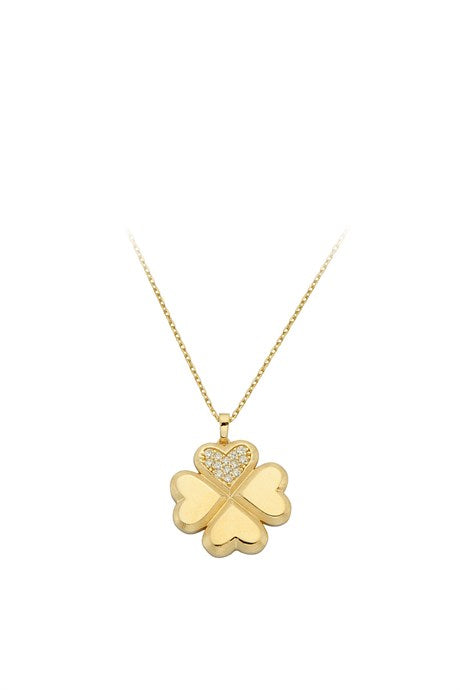 Solid Gold Heart Detail Clover Necklace | 14K (585) | 2.79 gr