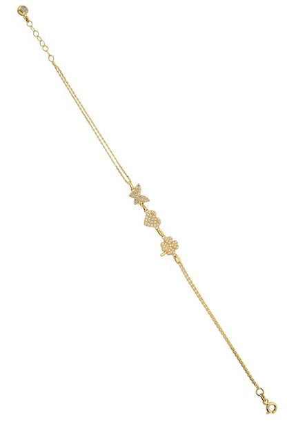 pulsera de mariposa y trébol de corazón de oro macizo | 14K (585) | 2,67 gramos