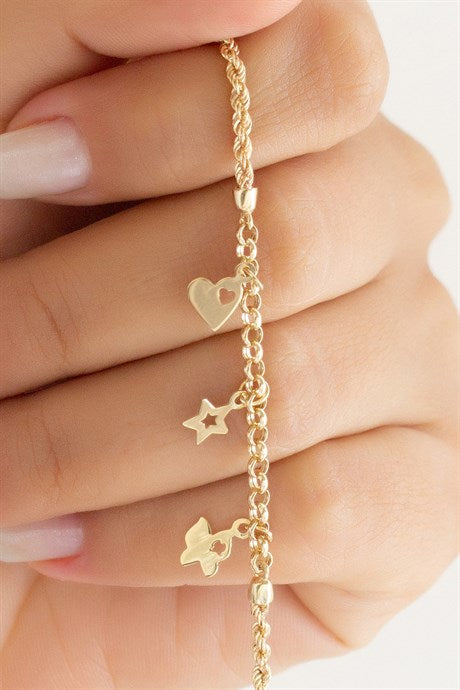 Solid Gold Heart Star Butterfly Bracelet | 14K (585) | 2.80 gr