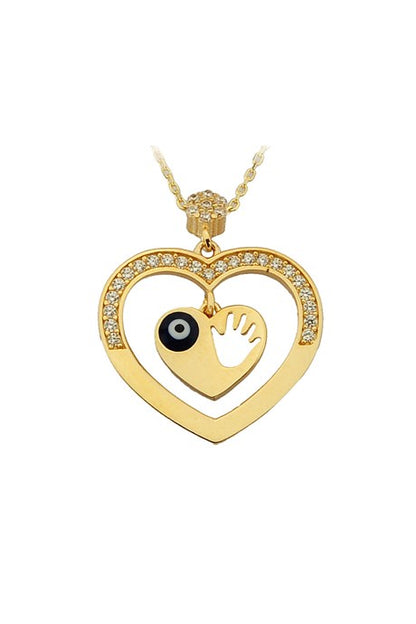 Collar de huella de mano de bebé mal de ojo con corazón de oro macizo | 14K (585) | 2,64 gramos