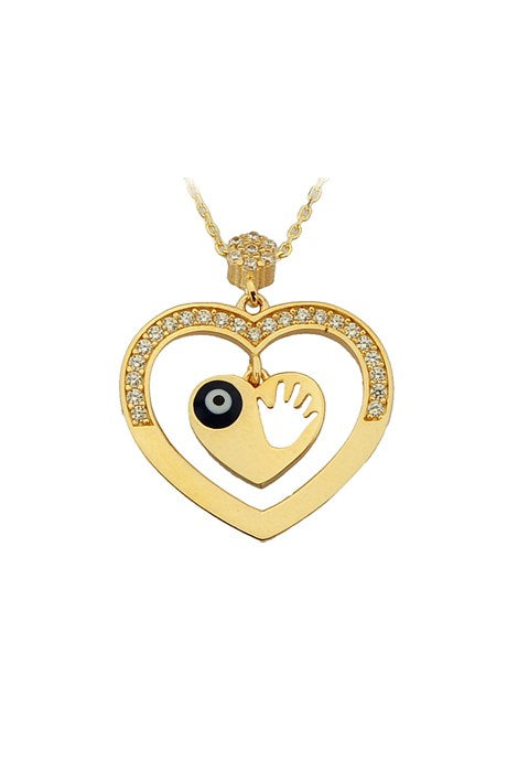 Collier d'empreinte de main de bébé de mauvais œil de coeur d'or solide | 14K (585) | 2,64 grammes