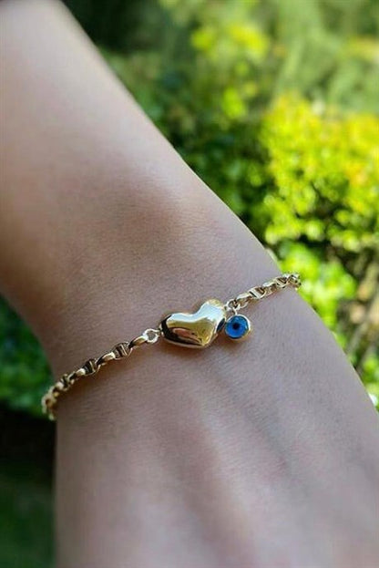 Solid Gold Heart Evil Eye Bracelet | 14K (585) | 4.08 gr