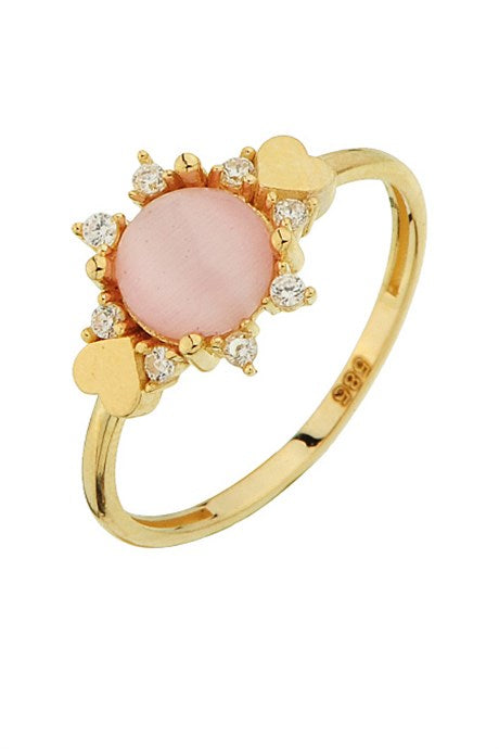 Anillo de oro macizo con piedras preciosas de color rosa y corazón | 14K (585) | 1,50 gramos
