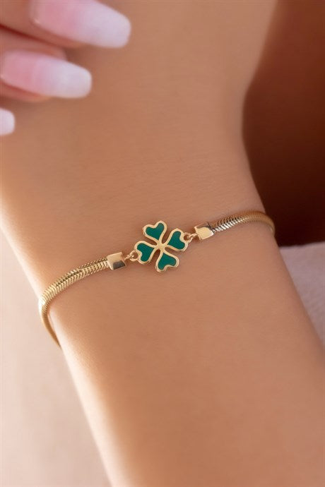 Solid Gold Herringbone Chain With Cord Double-Sided Heart Clover Bracelet | 14K (585) | 4.17 gr