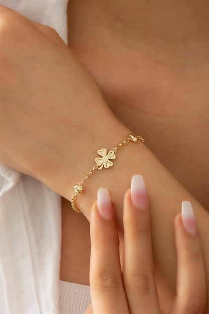 Solid Gold Heart Clover Bracelet | 14K (585) | 3.40 gr