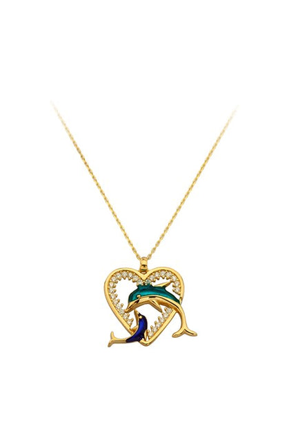 Solid Gold Heart Dolphin Necklace | 14K (585) | 2.68 gr