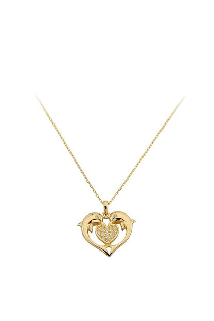 Solid Gold Heart Dolphin Necklace | 14K (585) | 2.05 gr