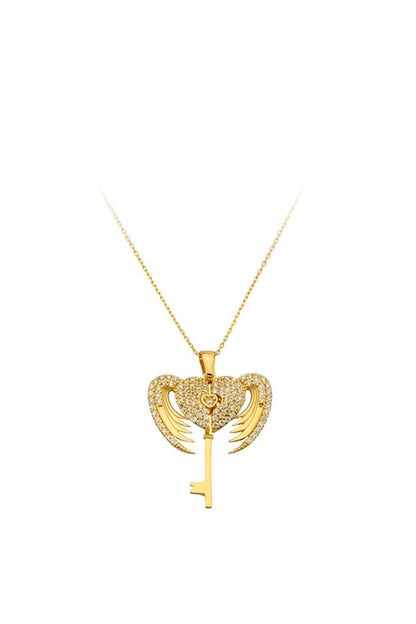 Collar con llave de corazón alado de oro macizo | 14K (585) | 3,88 gramos