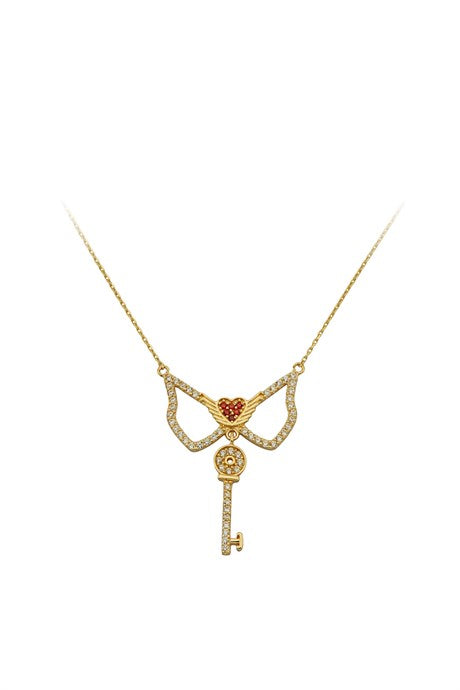 Solid Gold Winged Heart And Key Necklace | 14K (585) | 2.65 gr