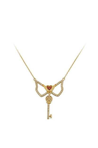 Solid Gold Winged Heart And Key Necklace | 14K (585) | 2.65 gr