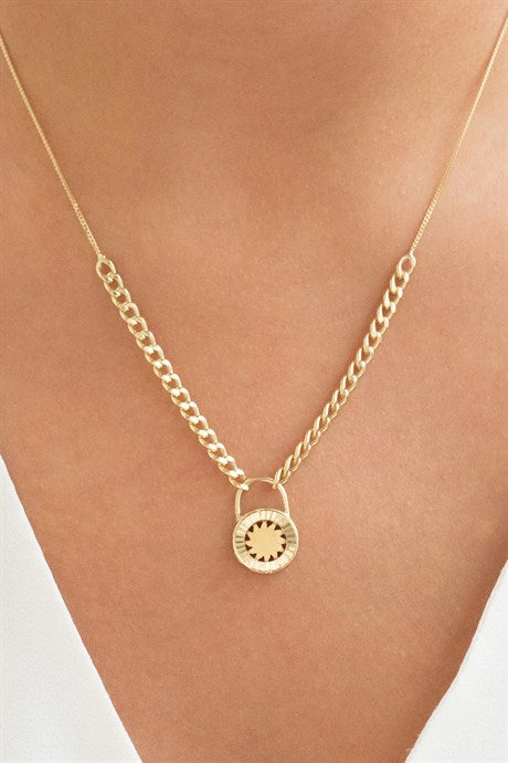 Solid Gold Lock Sun Necklace | 14K (585) | 5.14 gr