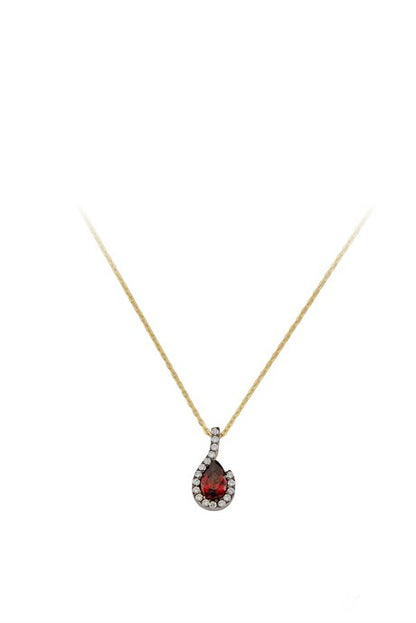 Solid Gold Red Drop Gemstone Necklace | 14K (585) | 1.64 gr