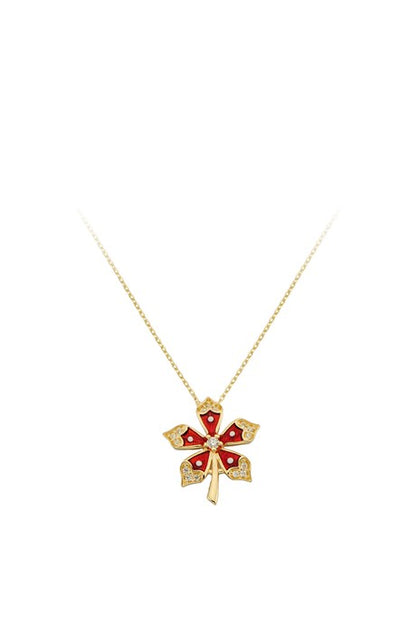 Solid Gold Red Enamel Flower Necklace | 14K (585) | 2.37 gr