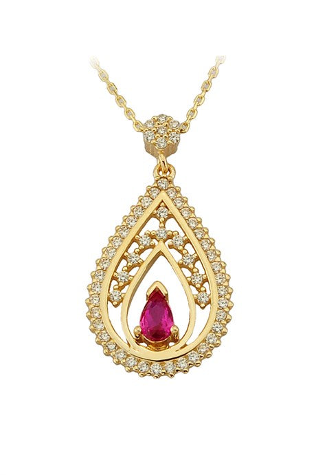 Solid Gold Red Gemstone Drop Necklace | 14K (585) | 2.66 gr