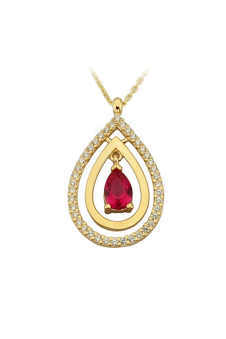 Solid Gold Red Gemstone Drop Necklace | 14K (585) | 2.59 gr