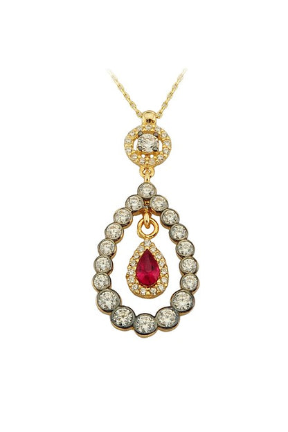 Solid Gold Red Gemstone Drop Necklace | 14K (585) | 3.38 gr