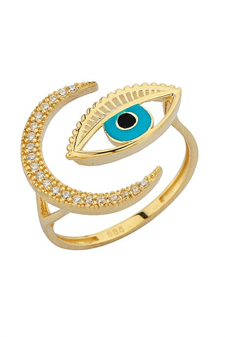 Solid Gold Eyelash Eye Moon Ring | 14K (585) | 2.19 gr | Adjustable Ring