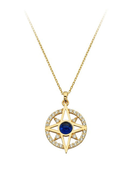 Solid Gold Navy Blue Gemstone Pole Star Necklace | 14K (585) | 2.15 gr