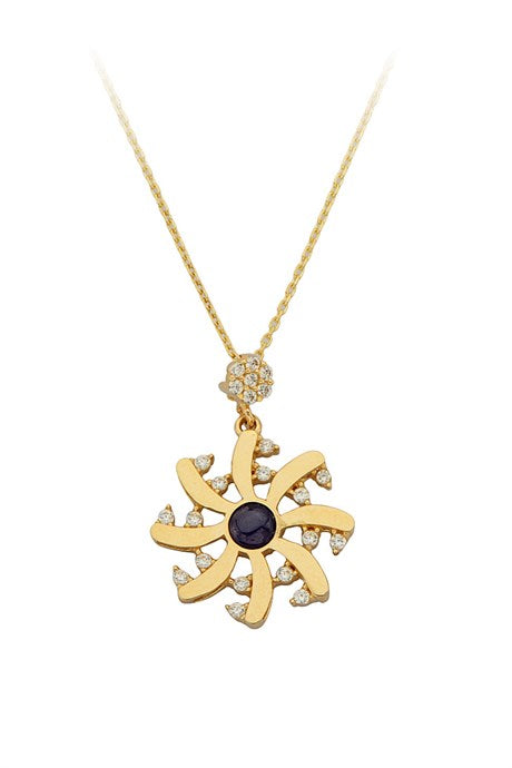 Solid Gold Navy Blue Gemstone Wind Rose Necklace | 14K (585) | 2.70 gr