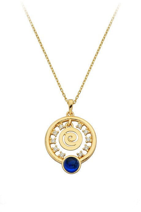 Solid Gold Navy Blue Gemstone Spiral Circle Necklace | 14K (585) | 2.28 gr