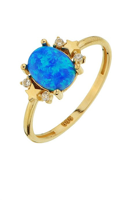 Solid Gold Blue Opal Gemstone Star Ring | 14K (585) | 1.36 gr