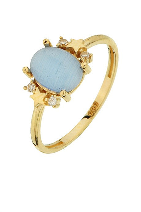 Solid Gold Blue Oval Gemstone Star Ring | 14K (585) | 1.40 gr