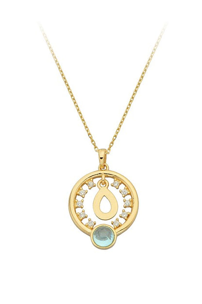 Solid Gold Blue Gemstone Drop Circle Necklace | 14K (585) | 2.32 gr