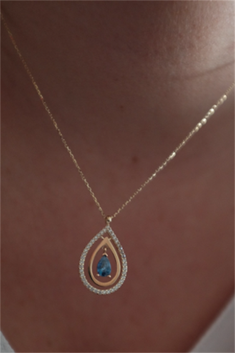 Solid Gold Blue Gemstone Drop Necklace | 14K (585) | 2.47 gr