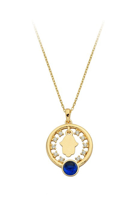 Solid Gold Blue Gemstone Circle Moon Fatma Ana Necklace | 14K (585) | 2.28 gr