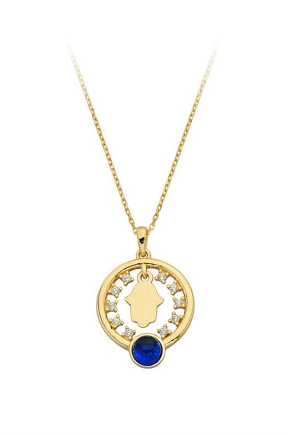 Solid Gold Blue Gemstone Circle Moon Fatma Ana Necklace | 14K (585) | 2.28 gr