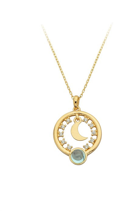 Solid Gold Blue Gemstone Circle Moon Necklace | 14K (585) | 2.30 gr