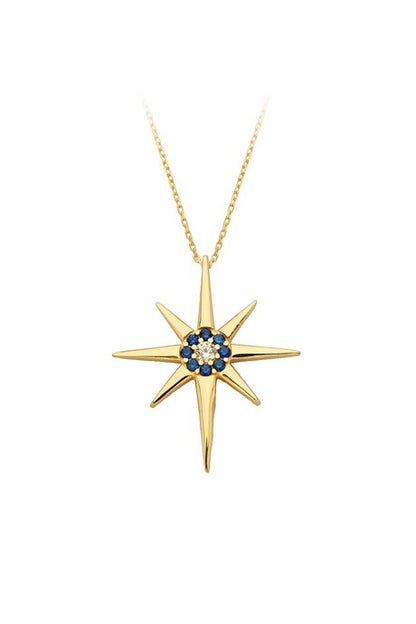 Solid Gold Blue Gemstone North Star Necklace | 14K (585) | 2.55 gr