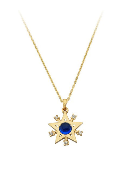 Collier étoile en or massif avec pierres précieuses bleues | 14K (585) | 1,93 g