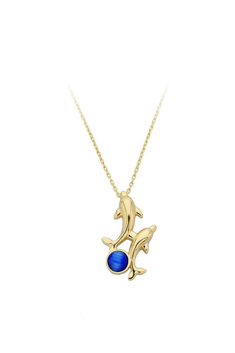 Solid Gold Blue Gemstone Dolphin Necklace | 14K (585) | 2.27 gr