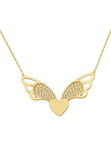 Collar de corazón con alas de ángel de oro macizo | 14K (585) | 2,44 gramos