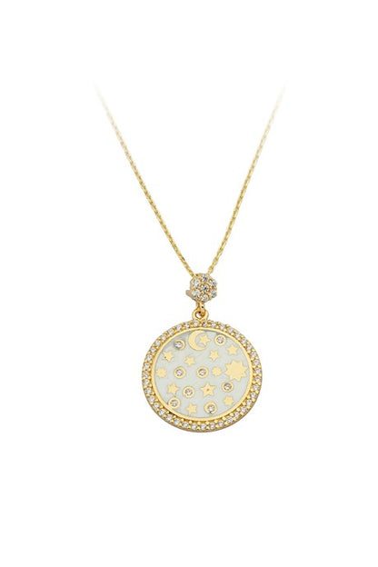 Solid Gold Enamel Moon Star Necklace | 14K (585) | 3.30 gr