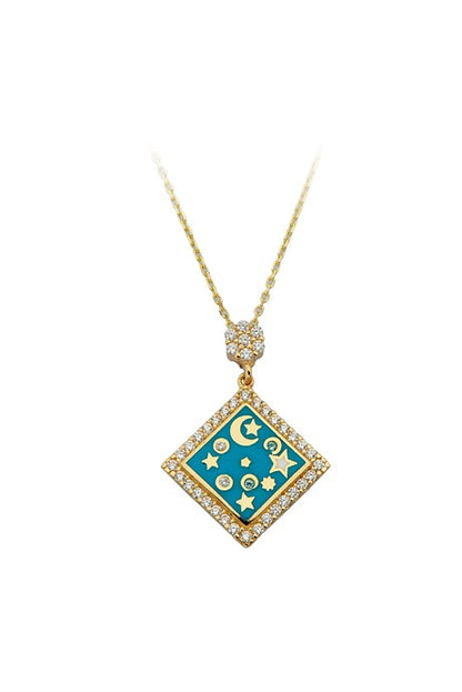 Solid Gold Enamel Moon Star Space Necklace | 14K (585) | 2.68 gr