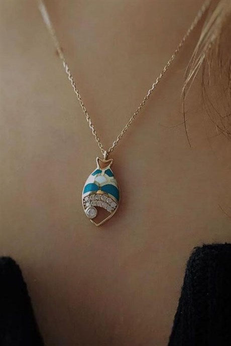 Solid Gold Enamel Fish Necklace | 14K (585) | 1.96 gr