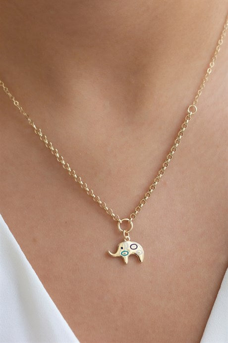 Solid Gold Enamel Elephant Necklace | 14K (585) | 3.36 gr