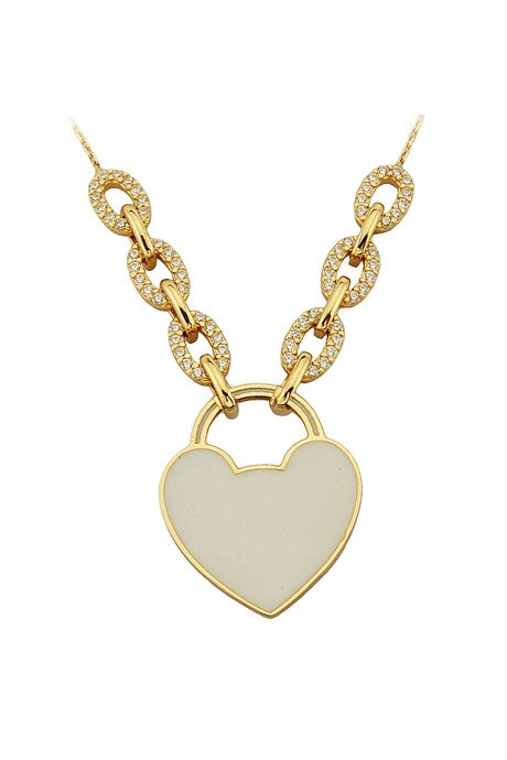 Solid Gold Enamel Heart Lock Necklace | 14K (585) | 5.19 gr