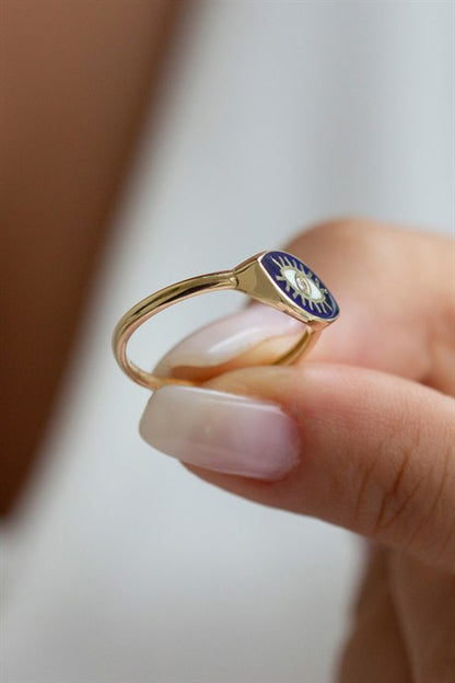 Solid Gold Enameled Eyelash Ring | 14K (585) | 1.86 gr
