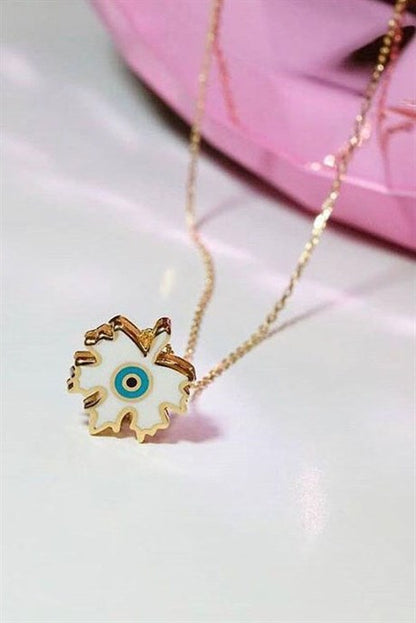 Solid Gold Enamel Evil Eye Leaf Necklace | 14K (585) | 2.10 gr