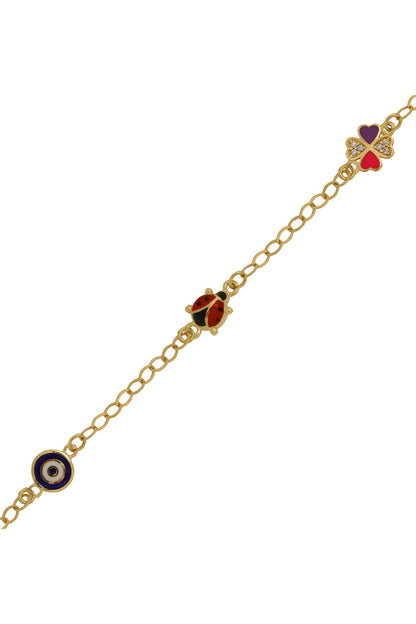 Pulsera para bebés y niños con trébol de mariquita y mal de ojo esmaltado en oro macizo | 14K (585) | 2,45 gramos