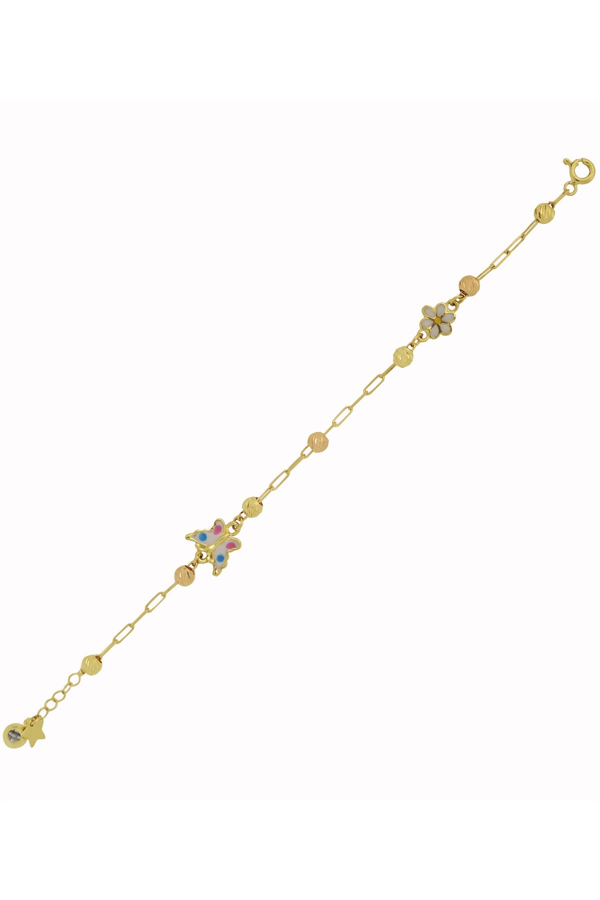 Bracelet pour bébé et enfant en or massif Dorica perlé en émail marguerite et papillon | 14K (585) | 3,03 grammes