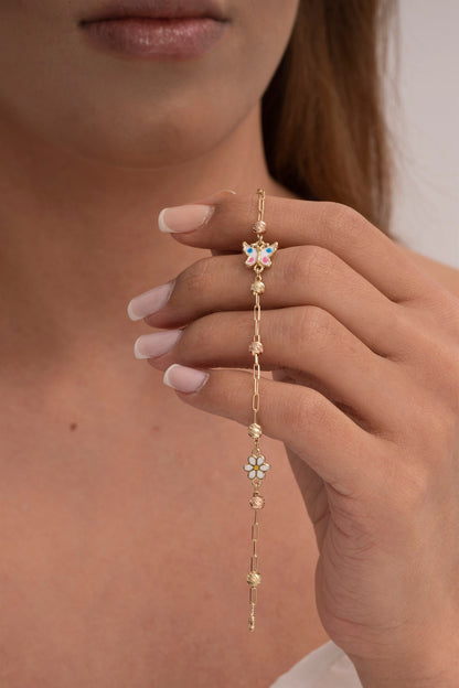 Bracelet pour bébé et enfant en or massif Dorica perlé en émail marguerite et papillon | 14K (585) | 3,03 grammes