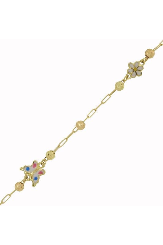 Solid Gold Dorica Beaded Enamel Daisy And Butterfly Baby & Children Bracelet