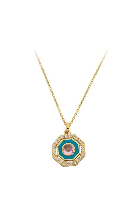 Solid Gold Enamel Rose Gemstone Necklace | 14K (585) | 2.26 gr