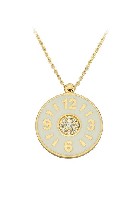Solid Gold Enamel Clock Necklace | 14K (585) | 2.87 gr