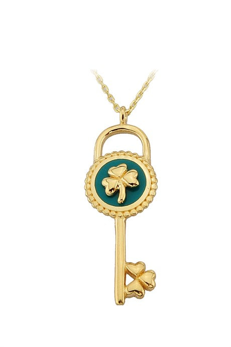 Solid Gold Enamel Clover Key Necklace | 14K (585) | 2.49 gr