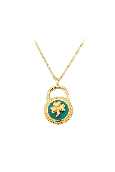 Solid Gold Enamel Clover Lock Necklace | 14K (585) | 2.02 gr